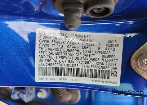 2019 Honda Civic Sport z USA, uszkodzony, nr VIN 2HGFC2F87KH602355